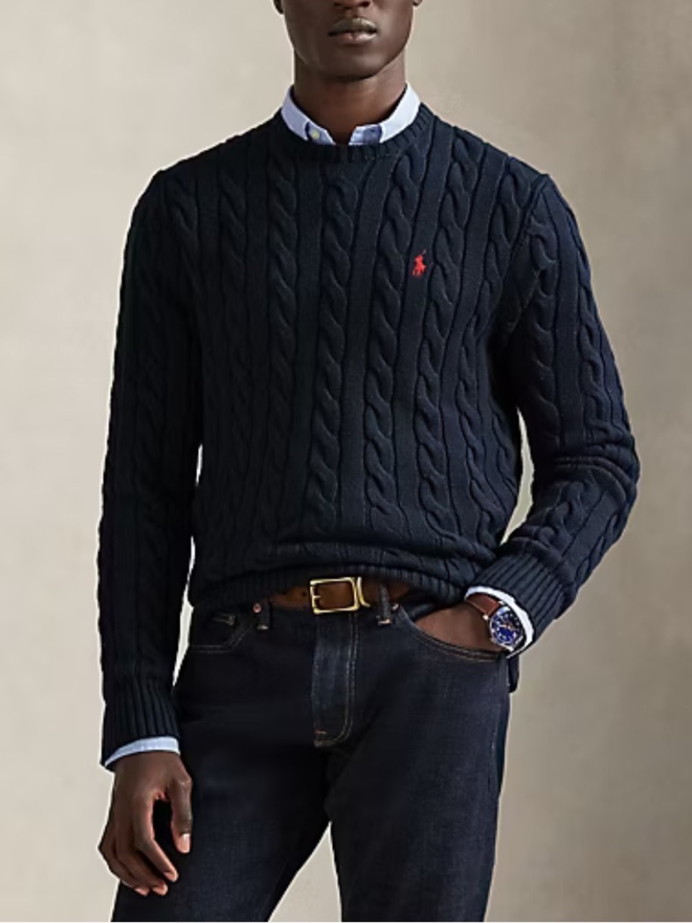 Polo Ralph Lauren Cable Knit Cotton Crew Neck Sweater Navy Old Money Academia S